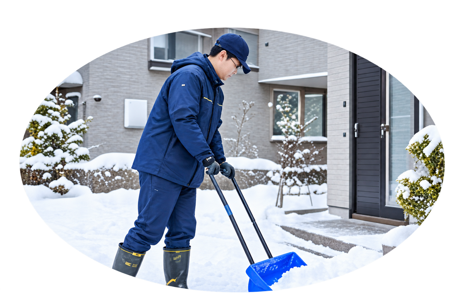 住宅前で雪かきをするスタッフ